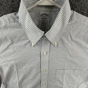 Brooks Brothers 15 32 Non-Iron Spandex Cotton Regent Button-Down Check Blue Mens